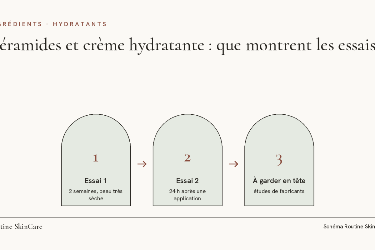Schéma : les trois repères pour lire les essais sur les céramides, deux semaines sur peau très sèche, 24 heures après une application, études de fabricants
