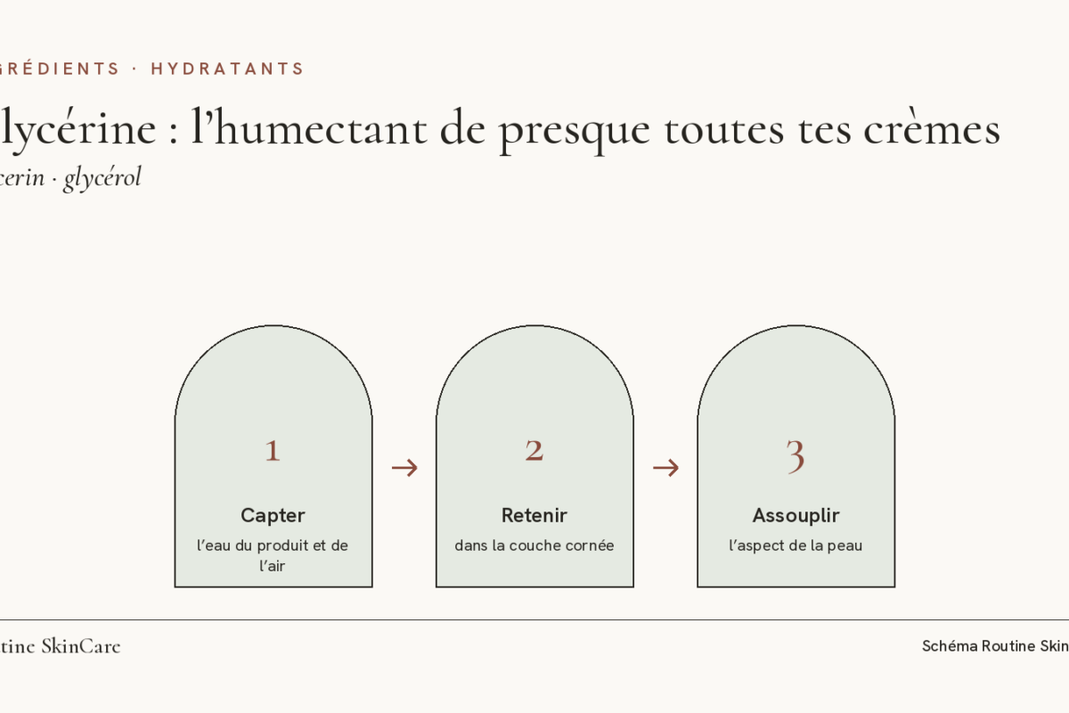Schéma : la glycérine capte l’eau, la retient dans la couche cornée et assouplit l’aspect de la peau