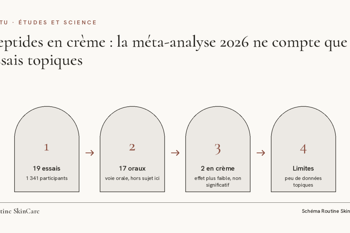 Schéma : sur 19 essais, 17 testent des peptides oraux et 2 des peptides appliqués sur la peau, avec un effet plus faible et non significatif pour ces derniers