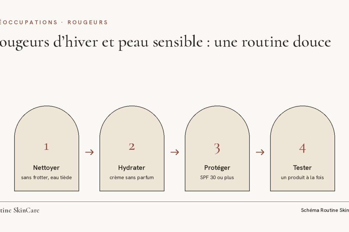 Schéma : une routine douce en quatre gestes pour peau sensible, nettoyer, hydrater, protéger, tester un produit à la fois