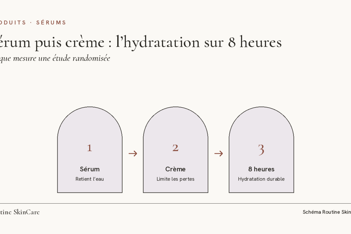 Schéma : le sérum à l’acide hyaluronique retient l’eau, la crème limite les pertes d’eau, et la routine complète garde l’hydratation plus haut après 8 heures